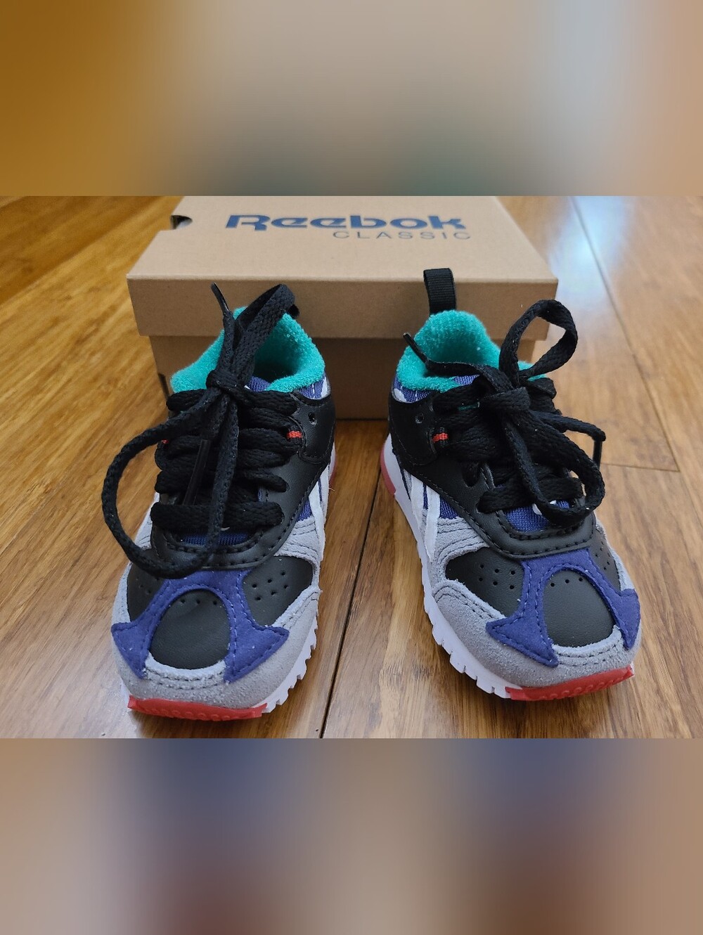 👟 New Reebok Classic Leather RC 1.0 Toddler Sneakers Size 4 Black Grey Teal NIB